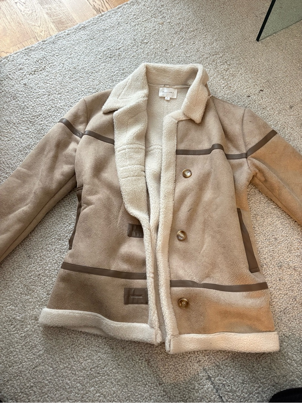 Beige Shearling-Trim Suede Jacket - Women